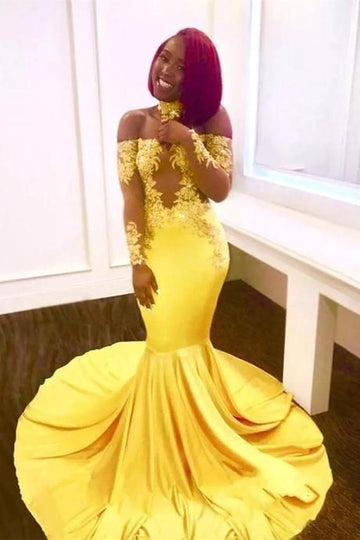 Yellow Prom Dresses Mermaid Appliques Floor-Length Off The Shoulder Long Formal Dresses HZ1023